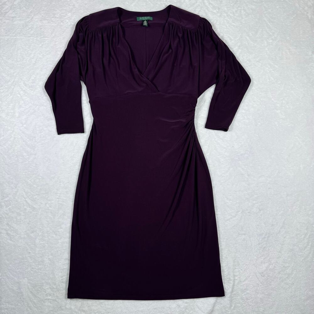 Lauren Ralph Lauren Purple Ruched Cocktail Dress V-Neck Women's 12 Lined Stretch